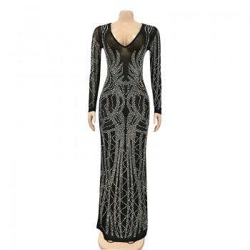  Gorgeous Crystal Gown For Womens Beautiful Deep V Neck Mesh Patchwork Sequin Maxi Dress 